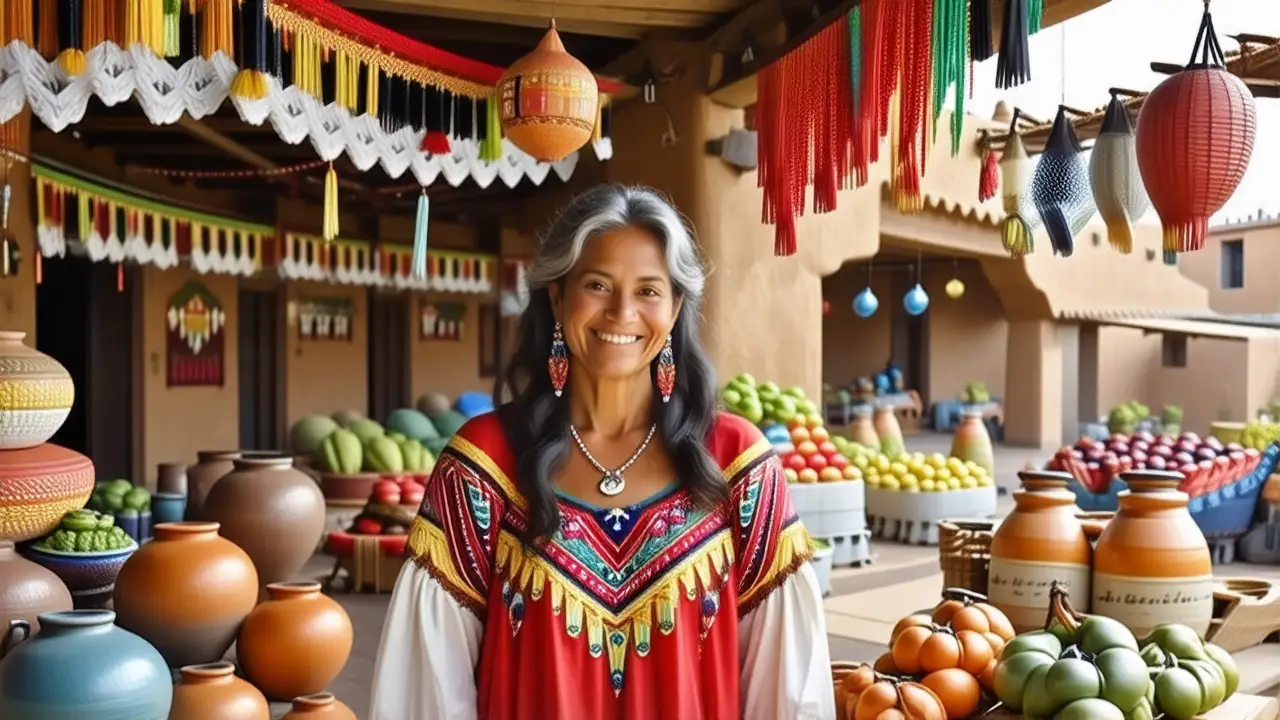 Mujer mexicana sonríe en plaza colorida