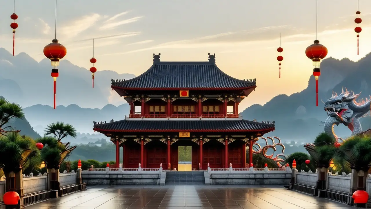 Un templo chino vibrante, lleno de símbolos