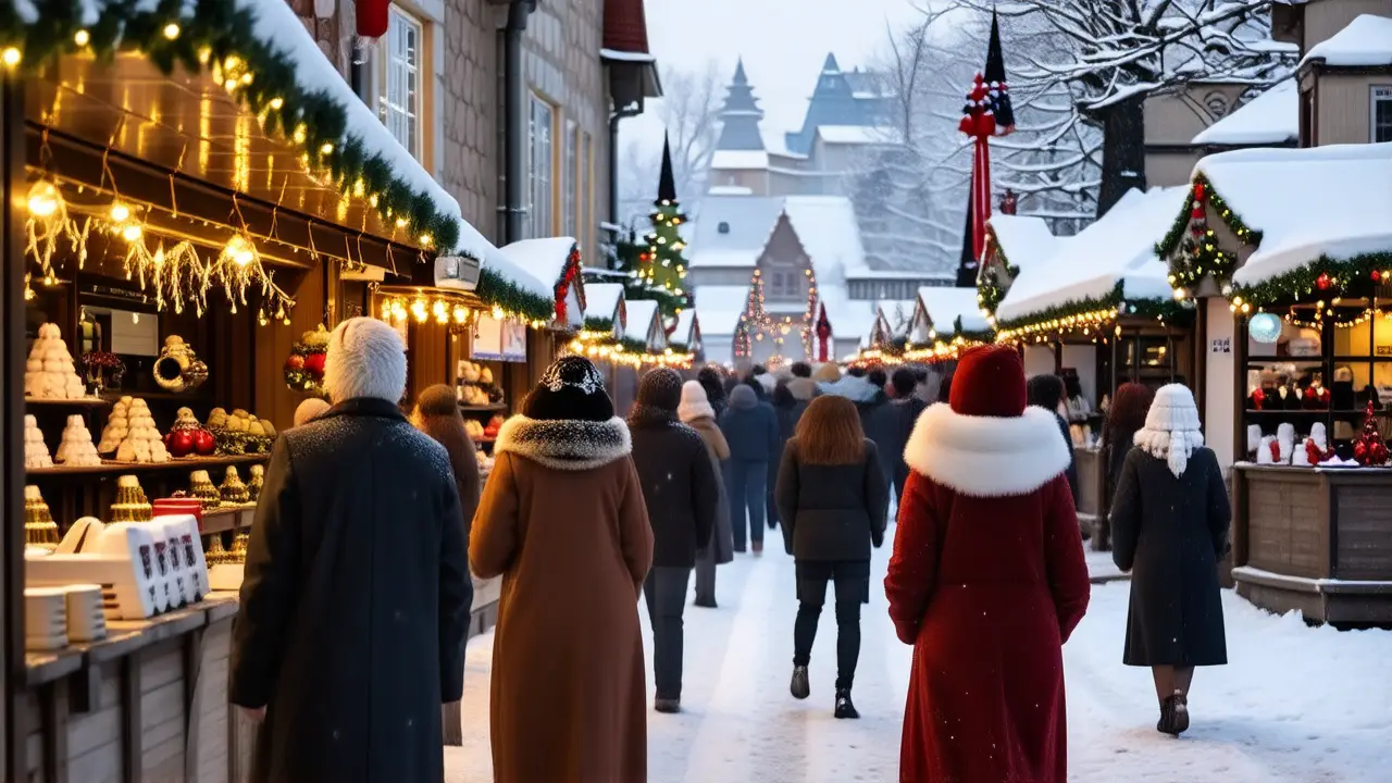 Un pueblo europeo nevado celebra la Navidad