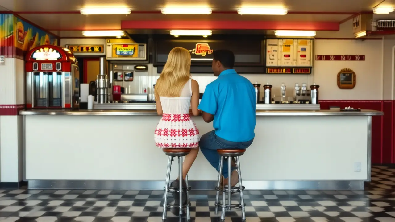 Un casal disfruta un diner retro brillante