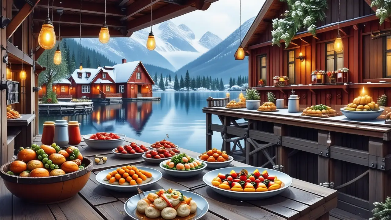 Fiord noruego, casas coloridas y celebración