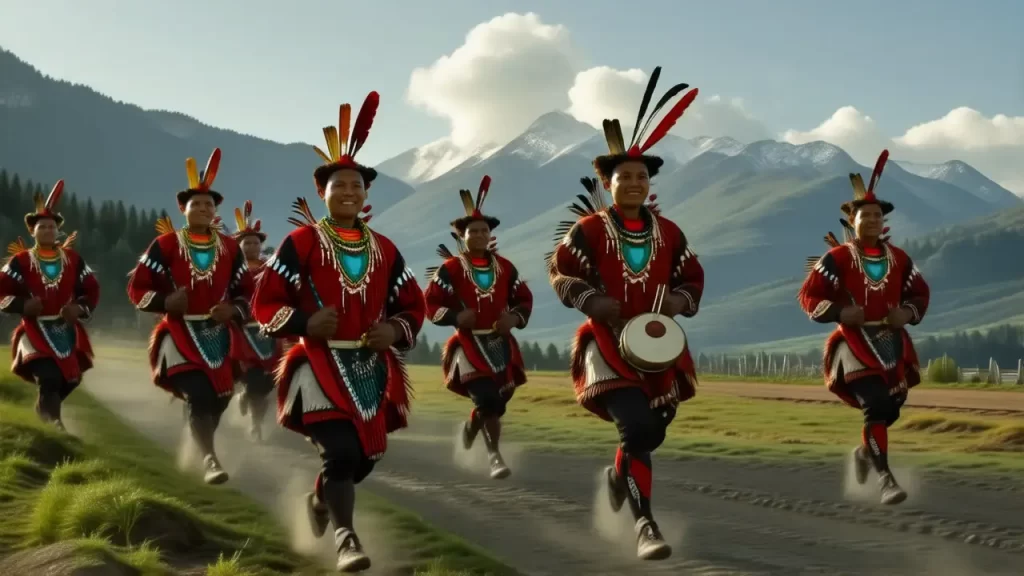 Tarahumaras corren en paisajes montañosos radiantes