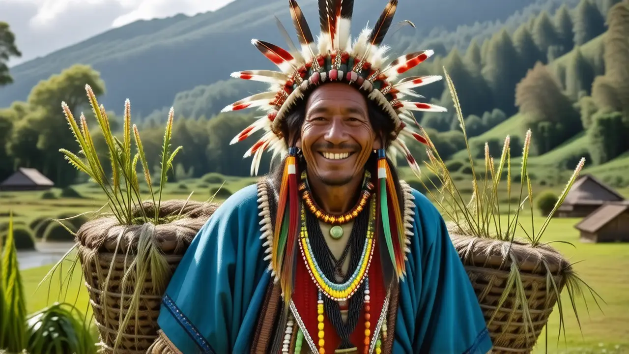 Indígena sonríe en paisaje exuberante