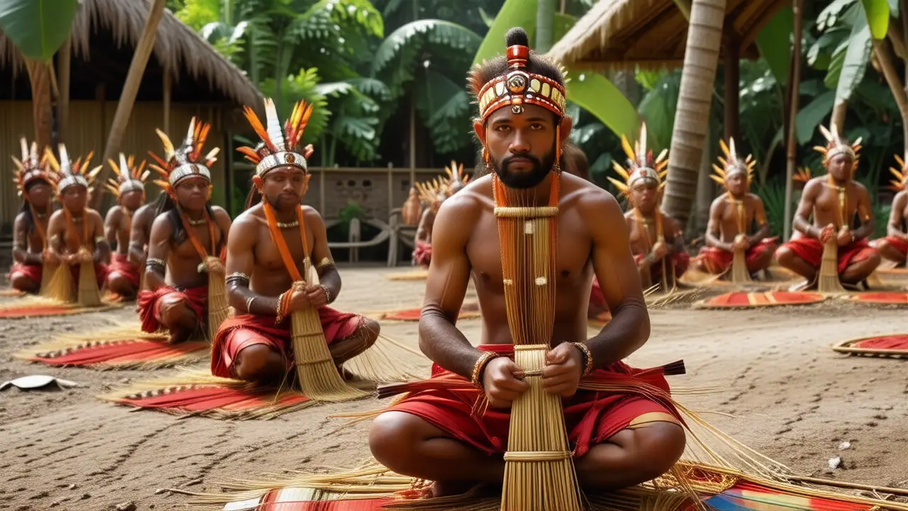 Hombres indígenas tejen textiles coloridos ancestrales